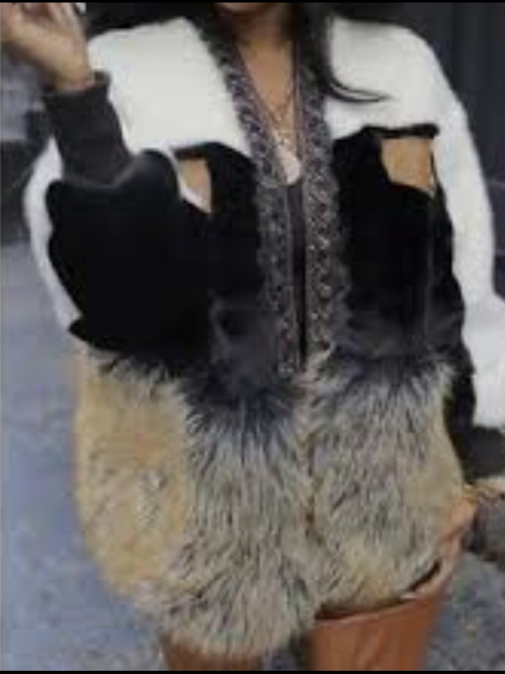 Mixed-Texture Teddy Jacket in Black, White & Tan